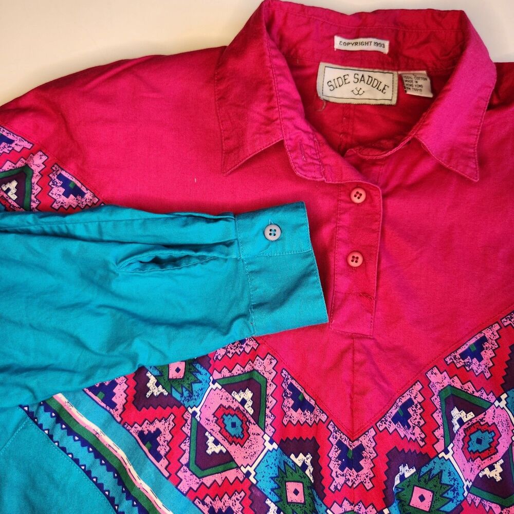 Vintage 90's Side Saddle Women's Large Western‎ Shirt Blue Pink Southwest Aztec